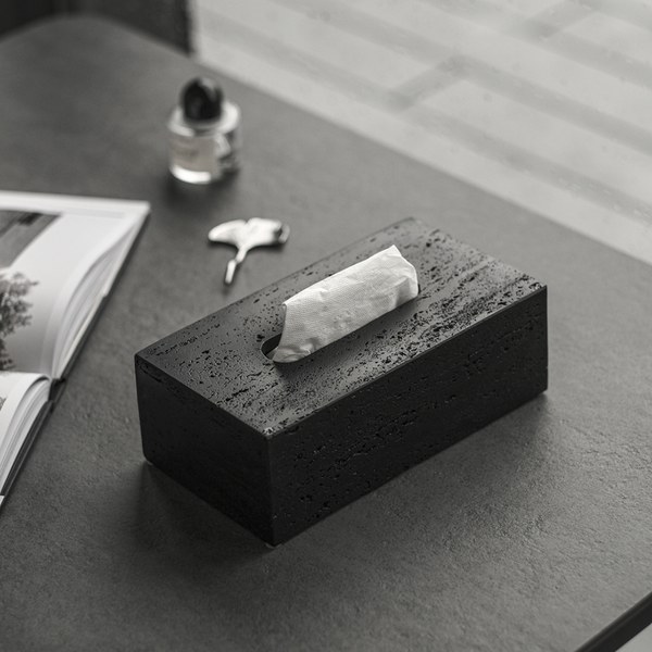 Tufa 洞岩砂石面紙盒｜墨黑洞石